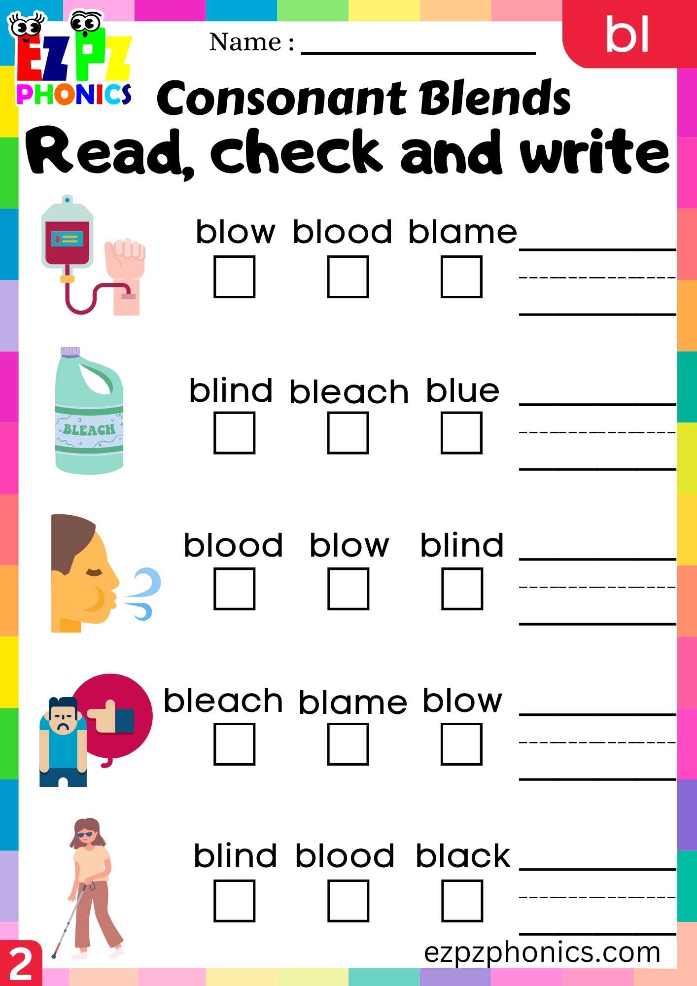 Group2 BL Words Read, Check And Write Phonics Consonant Blends Worksheet